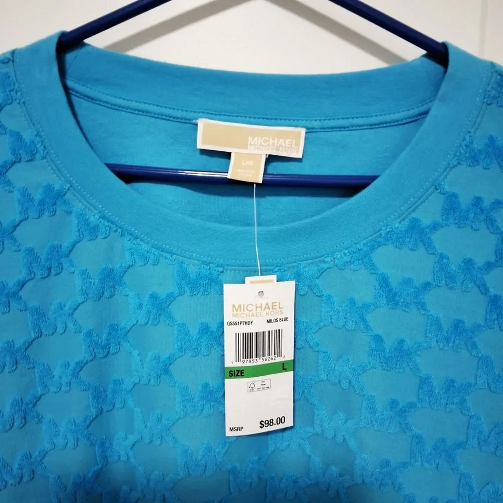 Michael Kors Women's MK Monogram Pattern Sweater Bright Blue Size Large NWT